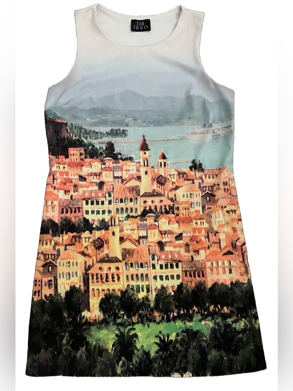 The Moon MEDITERRANEAN Coastal Village Print DRESS Size Medium